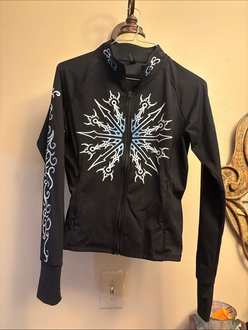 Black Women's Zip-Up Jacket with Blue Snowflake Graphic